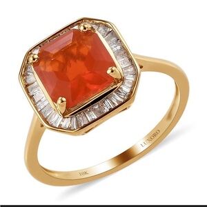 AAAA Fire Opal gemstone 10k gold ring, White Diamonds, size 7,